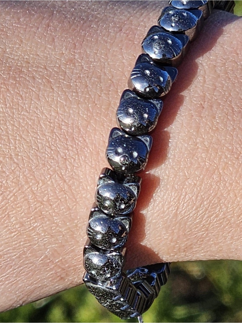 Polished Hematite Cat Bead Stretch Bracelet - Women Jewelry
